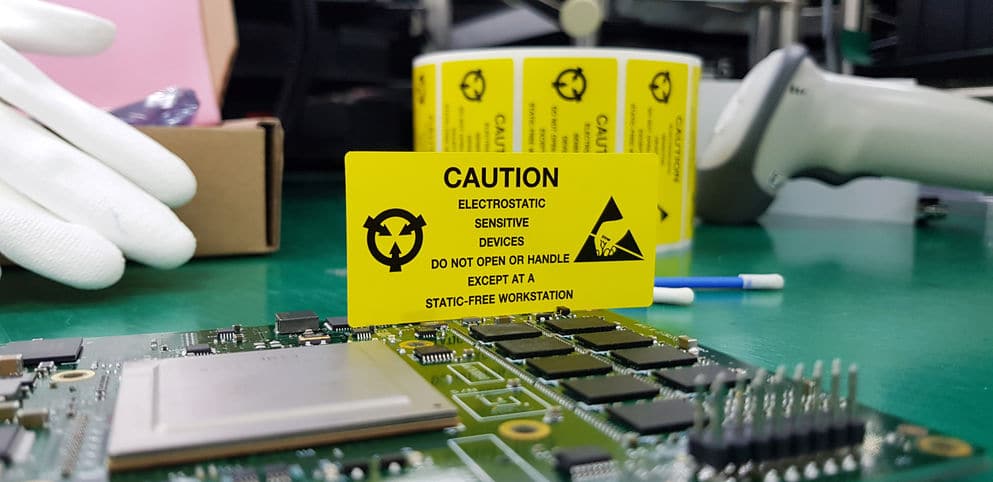 The yellow CAUTION label for Electrostatic Sensitive Devices (ES Advanced ESD